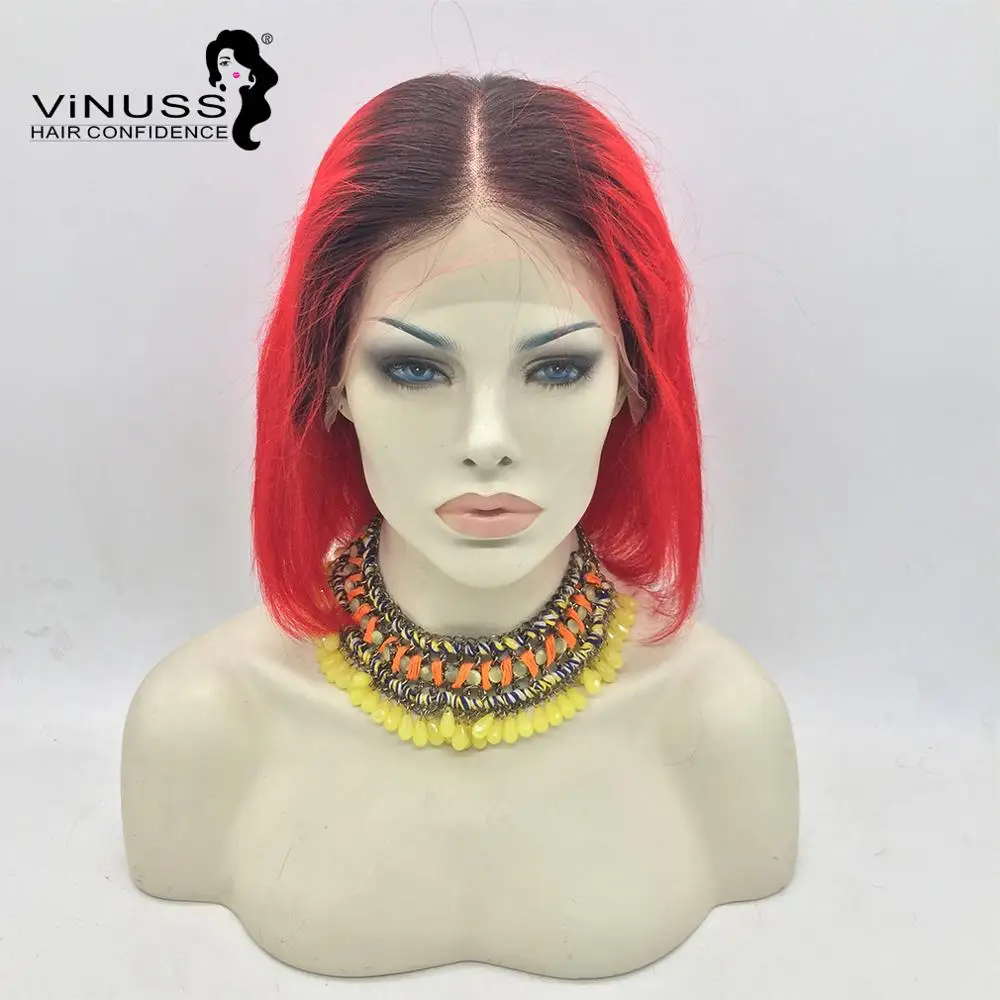 1B red Vinuss человеческие волосы, парики на кружеве, синий короткий Боб, предварительно выщипанный фиолетовый, розовый, серый, желтый, блонд, Омбре, прозрачный парик на шнурке, волосы remy - Цвет волос: 1B red