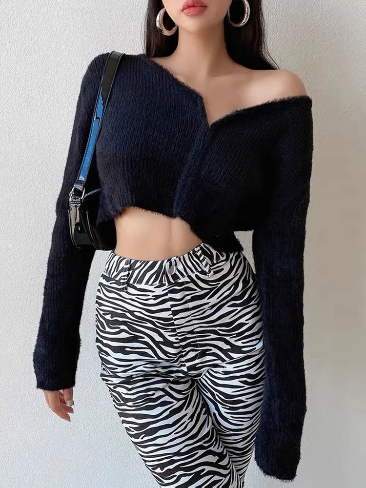

Autumn fashionable wild mohair knitted cardigan women's single-breasted sexy V-neck long-sleeved short sweater coat