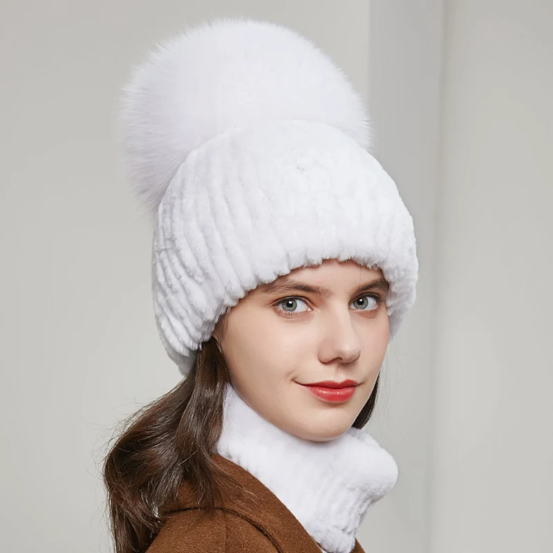 

Women's Winter Rex Rabbit Fur Hat Knit Stripe and Silver Fox Fur Ball Ear Protection Luxury Beanie caps