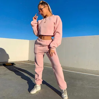 

Tracksuit Women Two Piece Soft Set Fleece Warm Streetwear Short Sleeve Crop Top + Jogger Pants Sport Matching Sweatsuit Outfit