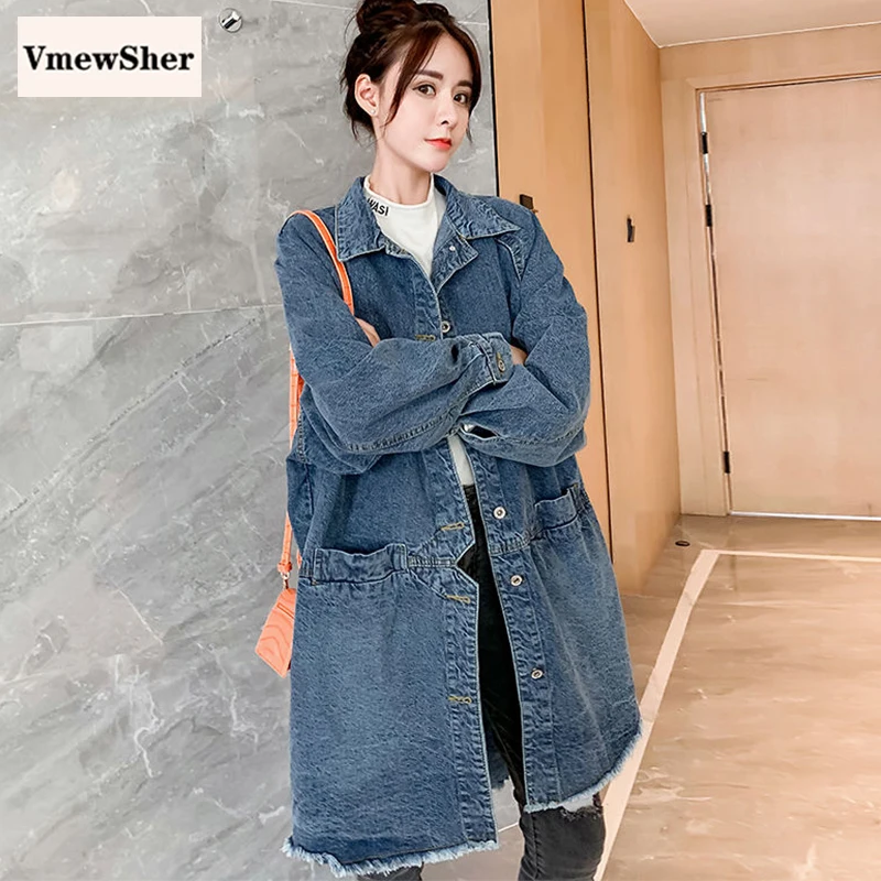 VmewSher новая джинсовая куртка для женщин длинные джинсовые куртки элегантные