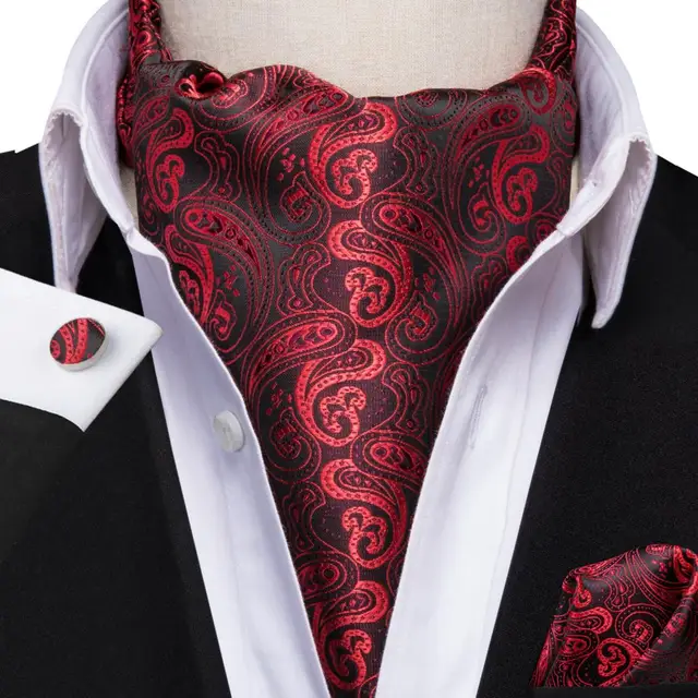 Hi-Tie Silk Men's Ascot Tie Pocket Square Cufflinks Set Cravat Ascots Scrunch Self British Style Gentleman Dress Scarves Party AS-1002