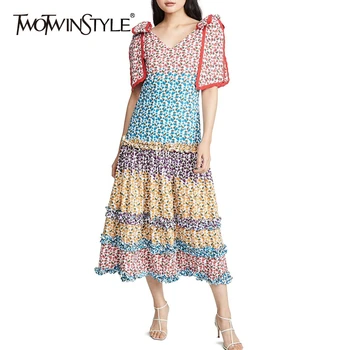 

TWOTWINSTYLE Casual Print Women Dress V Neck Cloak Half Sleeve High Wiast Patchwork Ruffles Hit Color Dresses For Female Fashion