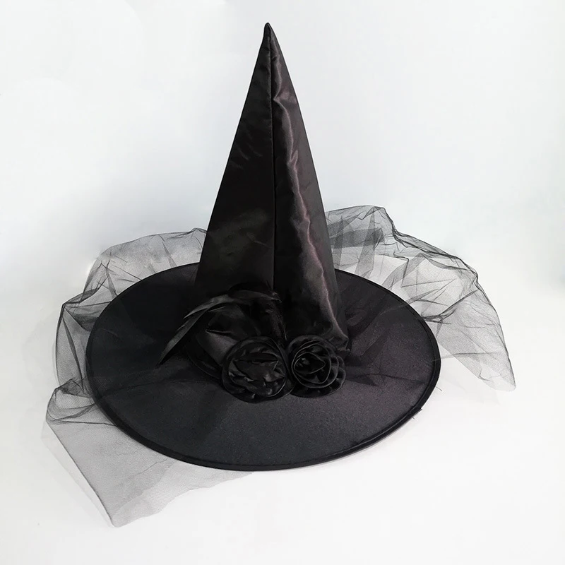 

Halloween Party Hats Decoration Cosplay Props Portable Adult Ball Striking Mesh Witch Hat With Feather Rose Halloween Supplies
