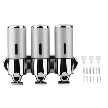 

Bathroom Stainless Steel Shower Liquid Soap Shampoo Gel Dispenser Manually Pump Wall Mounted 3 Bottles 500ml Silver