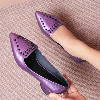 

INS Women pumps superfine fiber shoes plus size Pointed toe Pearl soft patent leather grey and purple womens shoes heels