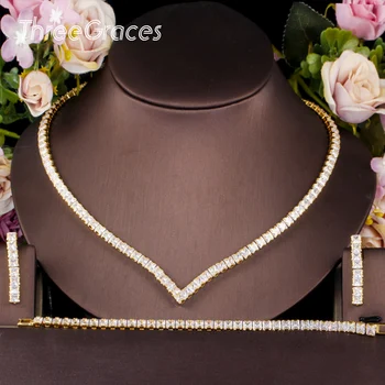 

ThreeGraces New Fashion Clear White CZ Crystal Square Nacklace Earrings and Bracelet Sets 3pcs Bride Wedding Party Jewerly JS515