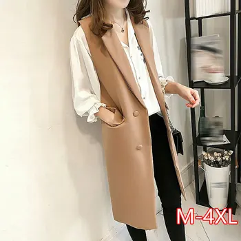 

Spring Autumn Long Vest Women Elegant Sleeveless Suit Waistcoat Modern Stylish Plus Size Vest Tops Femme Flap Pocket Loose Gilet