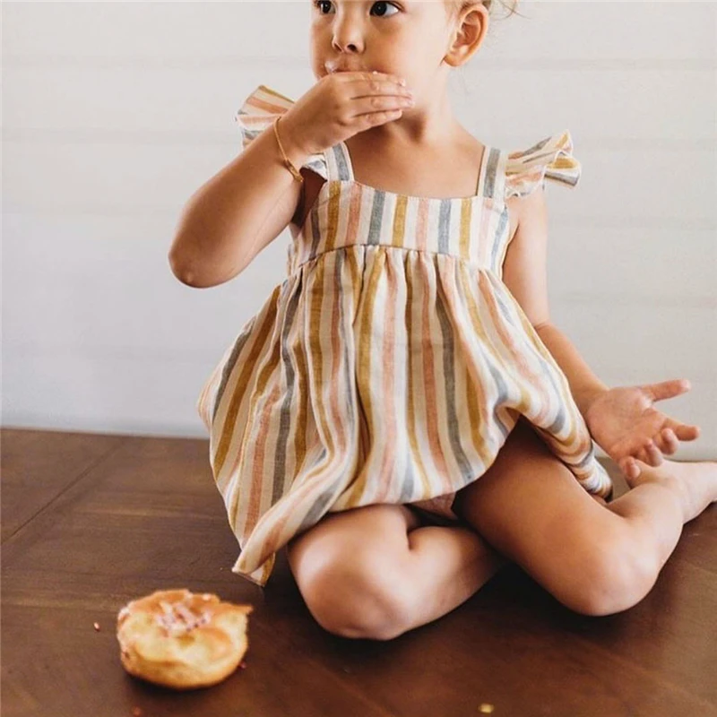 2020 Rainbow Linen Baby Boys Girls Summer Romper Brother Sister Machthing Toddler Sleeveless Rompers Baby Bubble Playsuit Onesie
