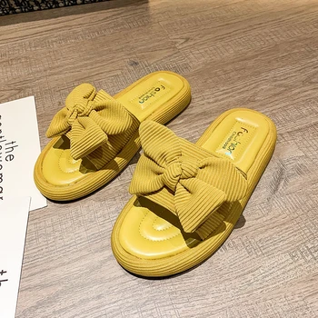 

Summer Platform Slippers For Women Cute Solid Bow Designers Beach Yellow Fashion Sandals Casual Shoes Woman Outside Flat Slides
