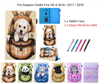 

Tablet Case For Amazon Kindle Fire HD8 2016/2017/2018 Cover Cute Cat Dog Panther Panda Tiger For Kindle Fire HD 8 Case Etui Pen