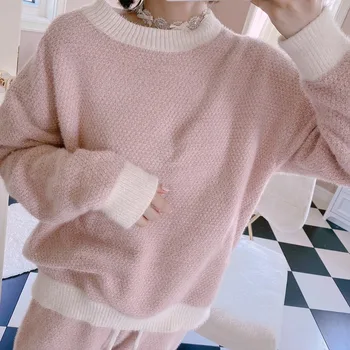

Autumn Winter White Pink Kawaii Cute Soft Pajama Set Underwear Women Girls Casual Korean Fashion Knitting Sleepwear Two Piece