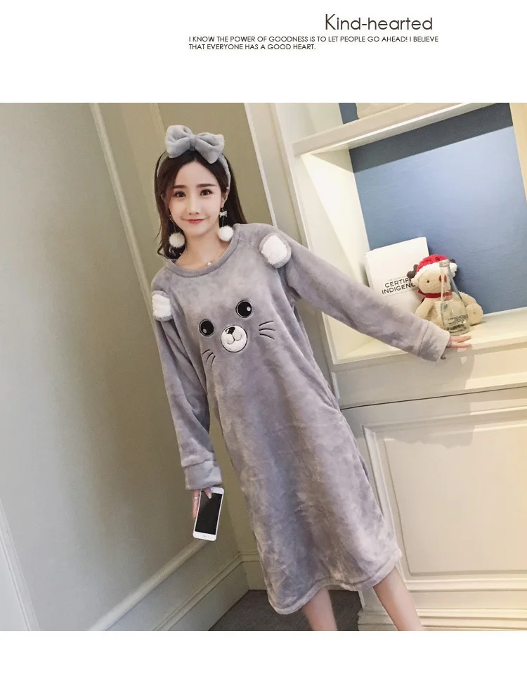 New Style Winter Women's Flannel Cartoon Gray Little Mouse Nightgown