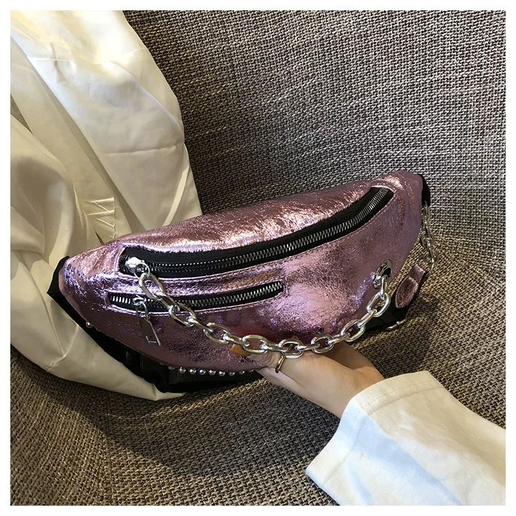 pink Модные привлекательные блестящие цепочки треснутая кожа поясная сумка женская сумки на плече на груди - Цвет: pink