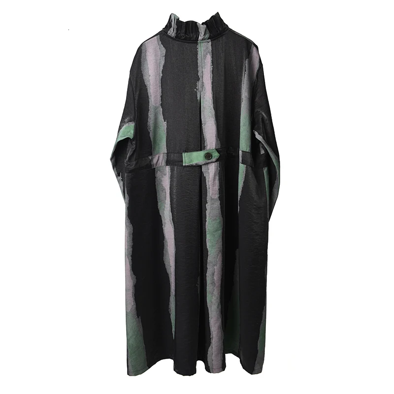 [EAM] женское платье в черную полоску с разрезом большого размера, новинка, воротник-стойка, длинный рукав, свободный крой, мода, весна-осень, 1K00701