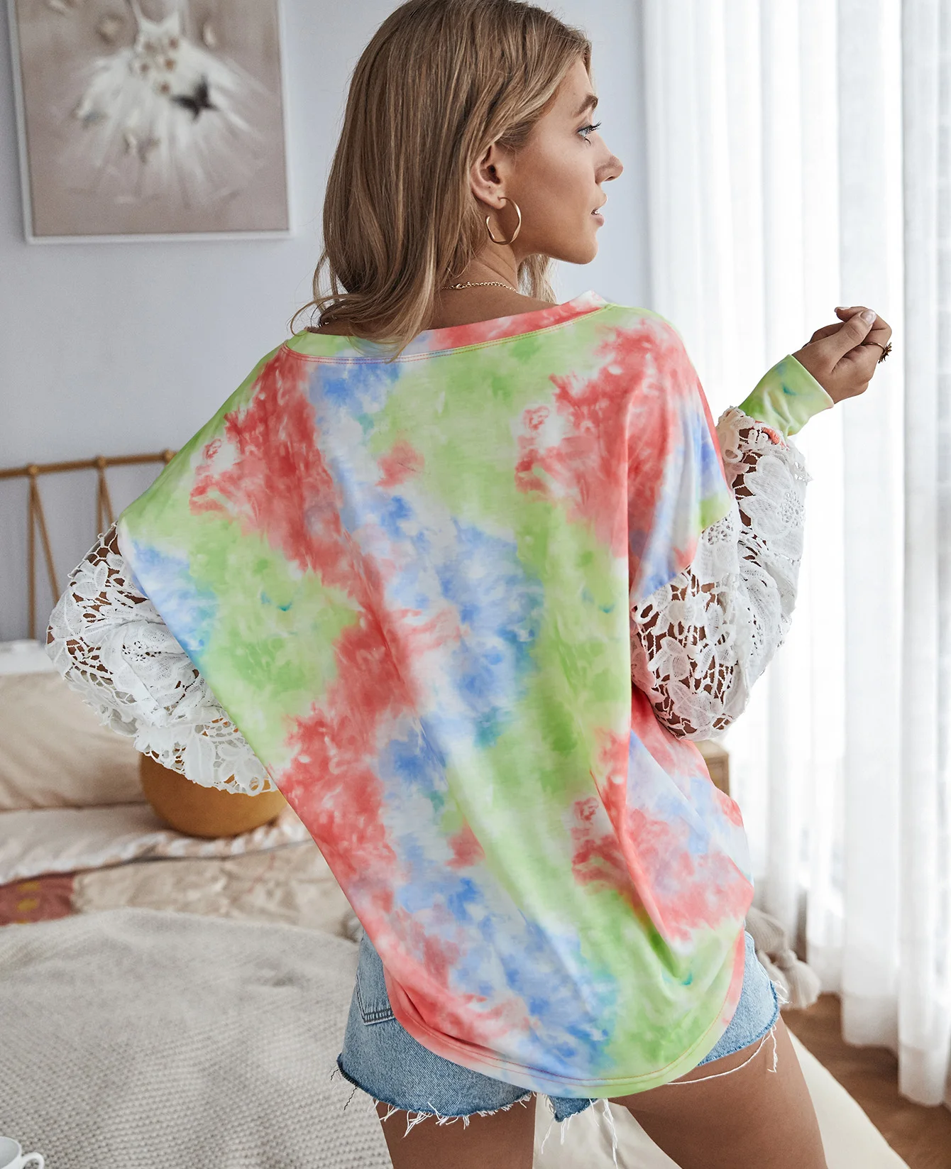 Jessie Vinson Long Sleeve T Shirt Women Chic Lace Sleeve Tie Dye Print Tshirt Autumn Casual Loose Tops Female Tee Clothing 2020