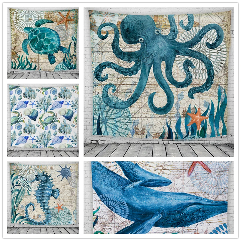 Home Tapestry Sea Life Series Print Turtle Whale Hippocampus for Living Room Bedroom Large Wall Wall