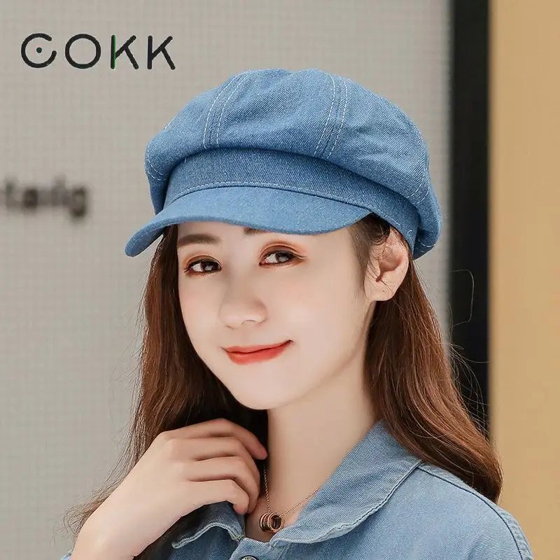 

COKK Denim Cloth Newsboy Cap Women Octagonal Hat Female Vintage Bonnet Solid Color Casual Fashion Hats For Women Blue