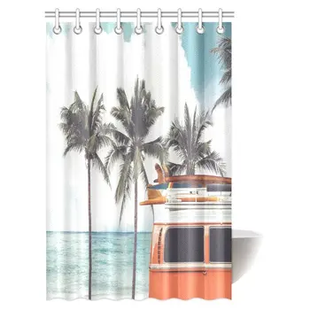 

Retro Summer Surfboard Decor, Vintage Car in The Beach with Surfboard on The Roof Journey Sky Transportation Fabric Bathroom