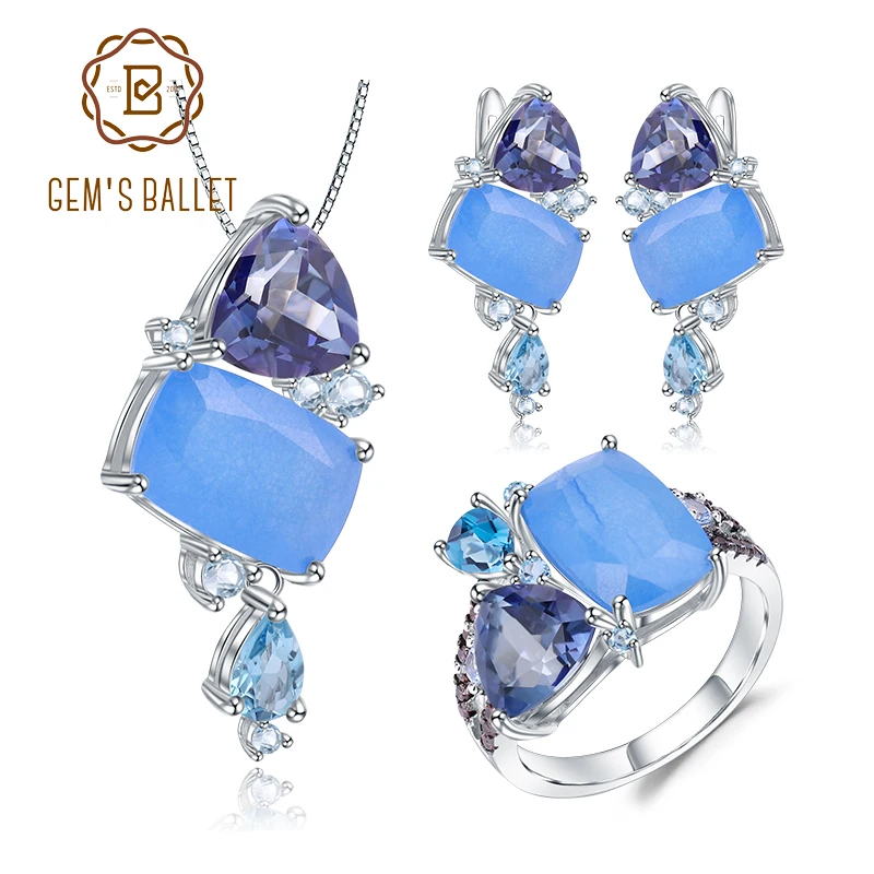 

GEM'S BALLET Candy Irregular Jewelry Natural Aqua-blue Calcedony 925 Sterling Silver Ring Earrings Pendant Jewelry Set For Women