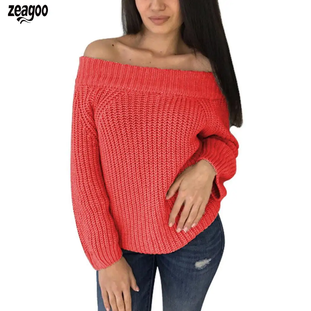 

New Women Casual Slash Neck Long None Pullover, Knitted, Loose, Sleeve Off Shoulder Solid Knitted Sweater