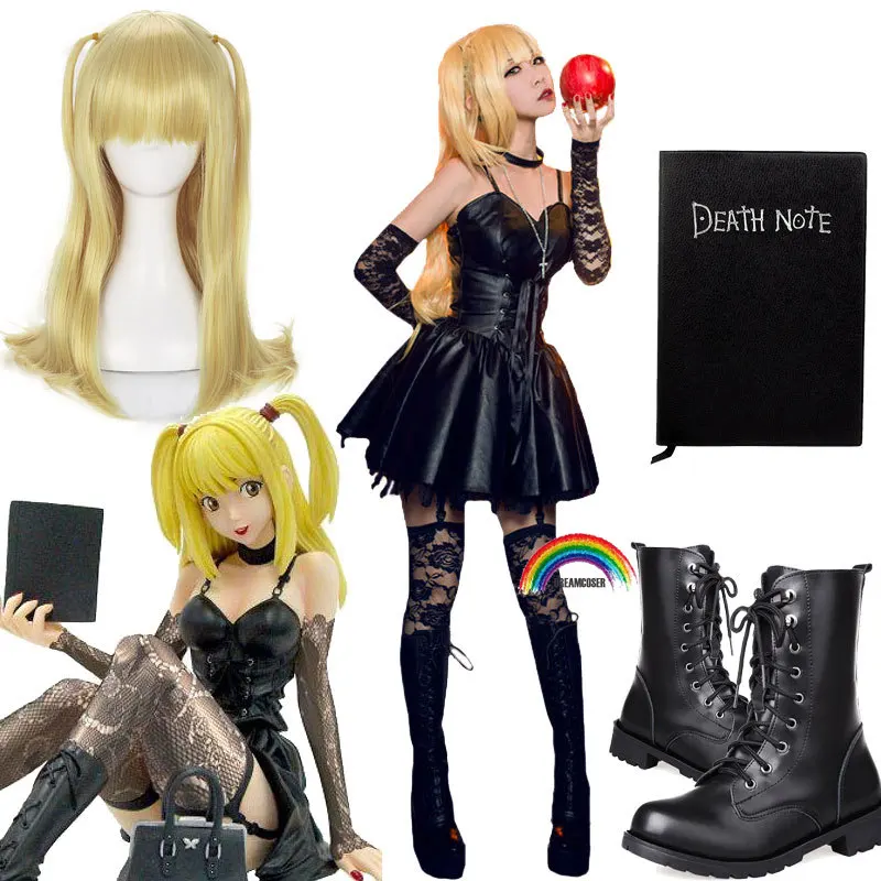 

4 PICS Death Note Misa Amane Imitation Leather Sexy Tube Tops Lace Dress Uniform Outfit Anime Cosplay Costumes WIGS NOTRBOOK