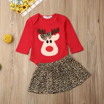 

2019 Christmas Infant Baby Girl Clothes Bowknot Deer Romper Leopard Skirt Outfitd Two Piece Set Baby Clothing
