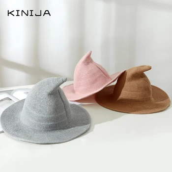 

Halloween witch hat Women wool Knit Hat Fashion Solid bucket cap festival party hat fisherman hat basin cap summer suncreen hat