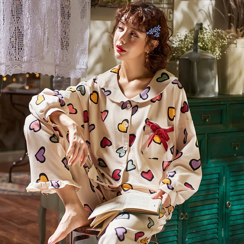 Осень Зима простые женские пижамы набор пижамы большой размер длинный рукав чистый хлопок 2 шт наборы Домашняя одежда много цветов - Цвет: Figure 1