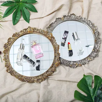 

European Retro Metal Mirror Round Tray Dressing Table Cosmetic Jewelry Storage Tray Banquet Display Stand Fruit Dessert Cake Pan