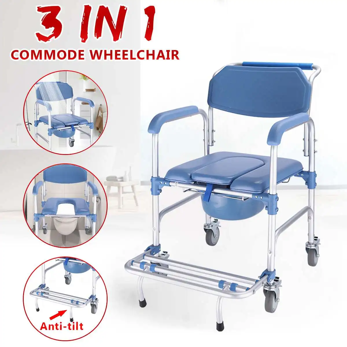 3 In 1 Commode Wheelchair Bedside Toilet Shower Seat Bathroom Rolling Chair Aluminum Alloy Wheelchair Waterproof Comfortable Bathroom Chairs Stools Aliexpress