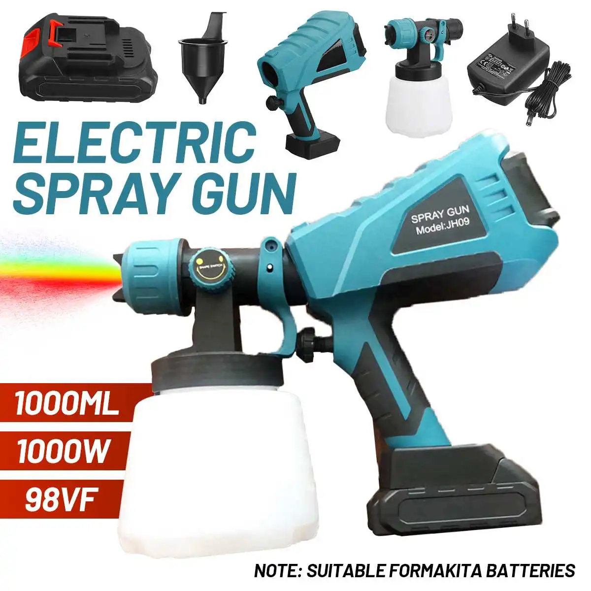 1000ML Cordless Electric Spray Gun with 1/2pcs Lithium ion Battery