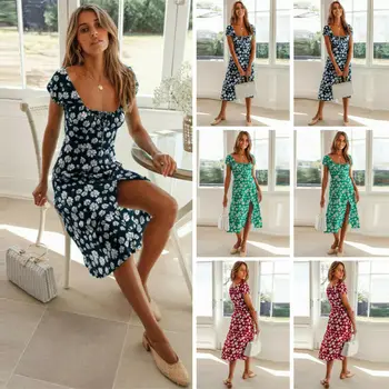 

USA Women Ladies Summer Maxi Floral Dress Holiday Casual Beach Midi Swing Dress