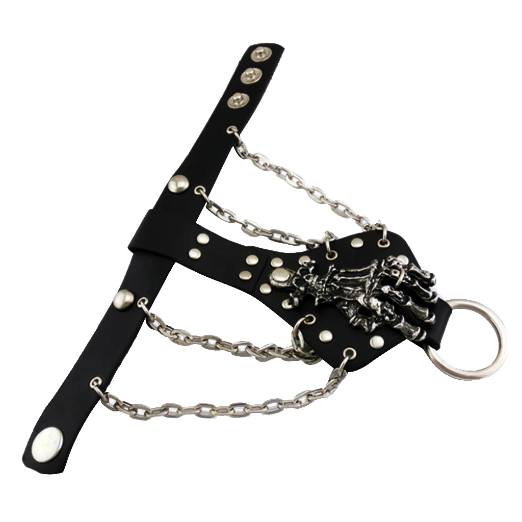 Mens Gothic Alloy Spike Skeleton Hand Wrap Leather Cuff Finger Ring Bracelet