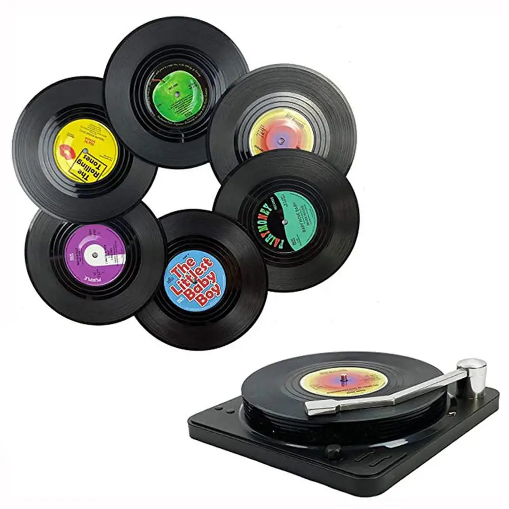 

6pcs Vinyl Disk Coasters With Vinyl Record Player Holder Creative Koffie Mok Cup Onderzetters Hittebestendig Antislip Pads