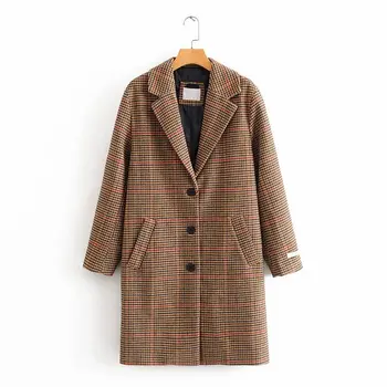

HCBLESS Women's Woolen Coat 2020 spring new single row three button suit collar plaid woolen coat women's loose coat
