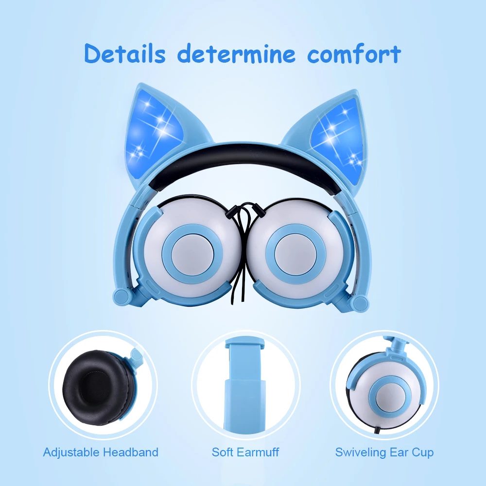 LED Glowing Cat Ear Headphones Children Gaming Over Ear Stereo Headphones 3 5mm Jack Universal For Mobile Phone Computer Gifts