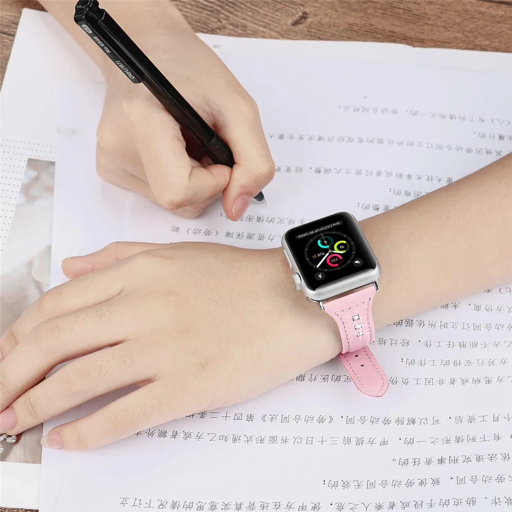Роскошный Алмазный тонкий кожаный ремешок для Apple Watch Band Series 5 4 3 2 1 браслет для iWatch 40 мм 44 мм 38 мм 42 мм наручный ремень