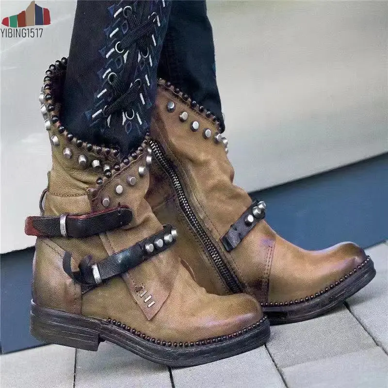 

2019 New Retro Winter Motorcycle Boots Women British Style Ankle Boots Gothic Punk Square Heel Ankle Boot Rivets Botas Mujer