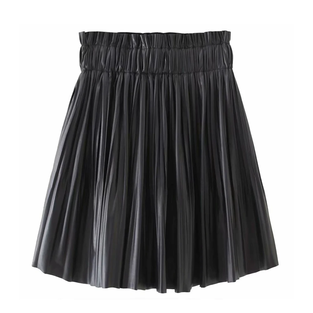 Однотонные юбки из искусственной кожи, Женская юбка из искусственной кожи, черные женские элегантные плиссированные мини-юбки с эластичной резинкой на талии, женские юбки с подкладкой