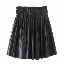 Однотонные юбки из искусственной кожи, Женская юбка из искусственной кожи, черные женские элегантные плиссированные мини-юбки с эластичной резинкой на талии, женские юбки с подкладкой