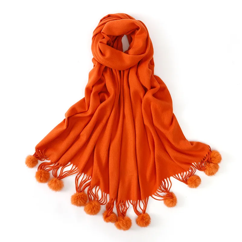 OMEA, Женский Одноцветный кашемировый шарф с мехом Ангорского Кролика, помпон-кисточка, длинный шарф, Женская шаль, зимний шарф высокого качества - Цвет: 5