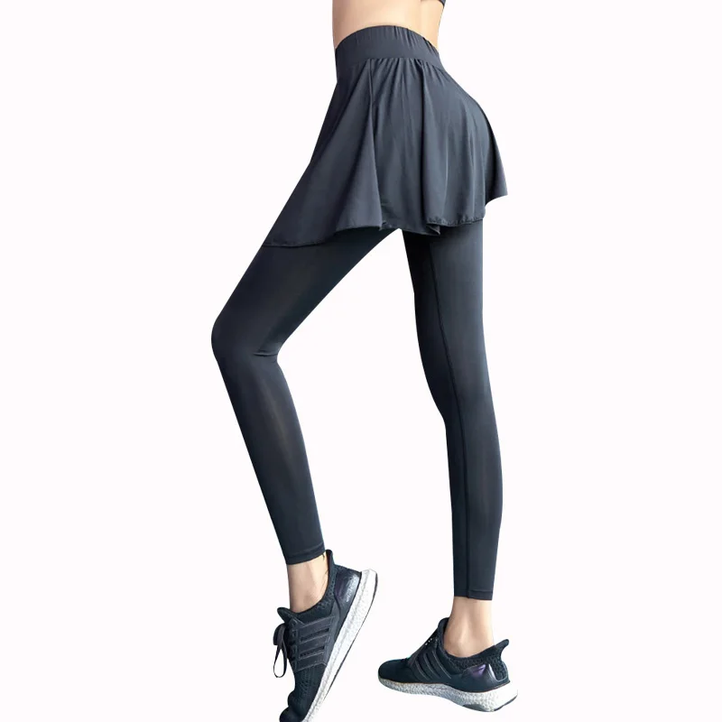 NORMOV для женщин поддельные две части юбка леггинсы со средним обхватом талии неровные эластичные леггинсы для фитнеса женские тонкие пуш-ап леггинсы для тренировок - Цвет: black