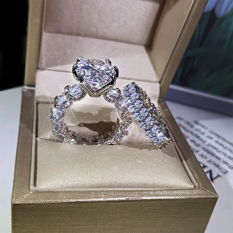 NEW Elegant Zircon Ring Set S925 Silver Color Engagement Wedding Jewelry For Women 2021 Fashion Crystal Gift Wholesale - 5