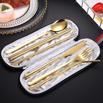 

Dinnerware Set 8Pcs 304 Stainless Steel Cutlery Gold Spoon Knife Fork Dinneware Western Teaspoons Tableware Convenient Bag Gift