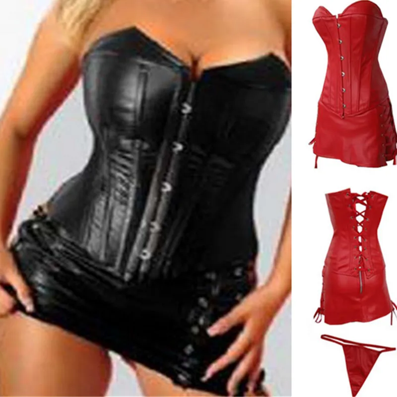 

Red Leather Corset Body Shapers Black Latex Strapless Bustiers Sexy Plus Size Lingerie Corset Skirt
