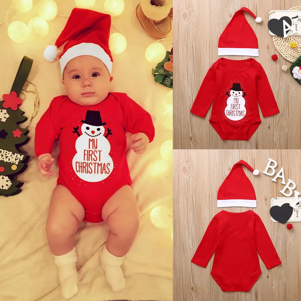 Зимний Рождественский комбинезон с надписью и принтом снеговика для малышей+ шапочка, комплект одежды, костюм