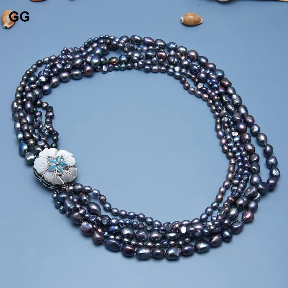 GuaiGuai Jewelry 5 Strands Natural Black Keshi Baroque Pearl Necklace For Women image_2