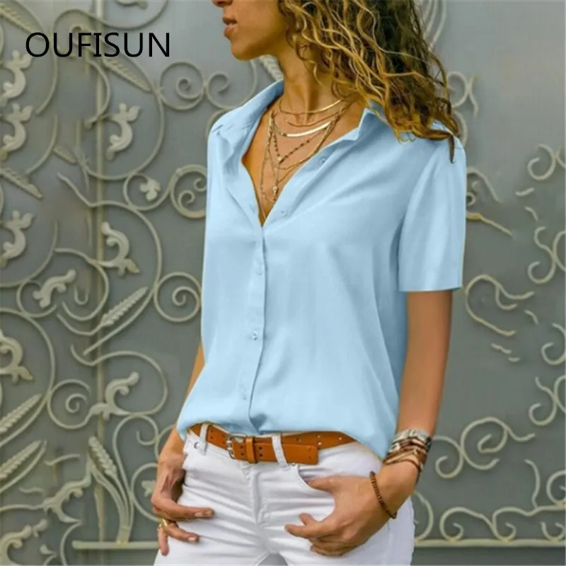 Oufisun летние новые модные однотонные лоскутные блузки сексуальные свободные кардиганы с глубоким v-образным вырезом Рубашки повседневные женские рубашки на пуговицах Топы - Цвет: light blue