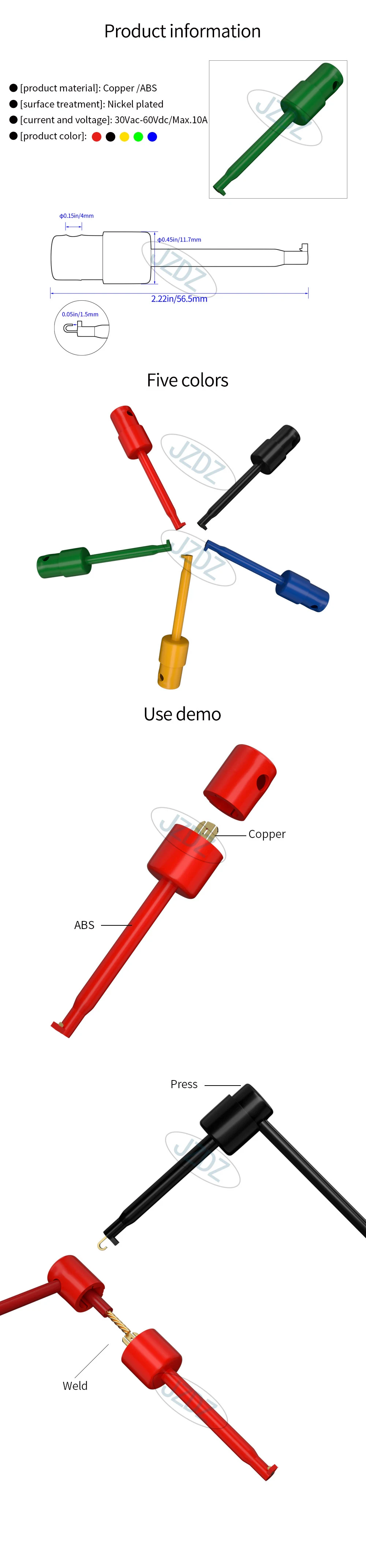 JZDZ 10pcs Test Hook Clip Probe Set for Electronic Testing - Mini Grabber Connector DIY Tools, J.30006 Accessories Description Image.